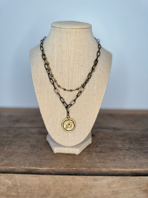 Antiqued Coin Chain with Black Beads Necklace