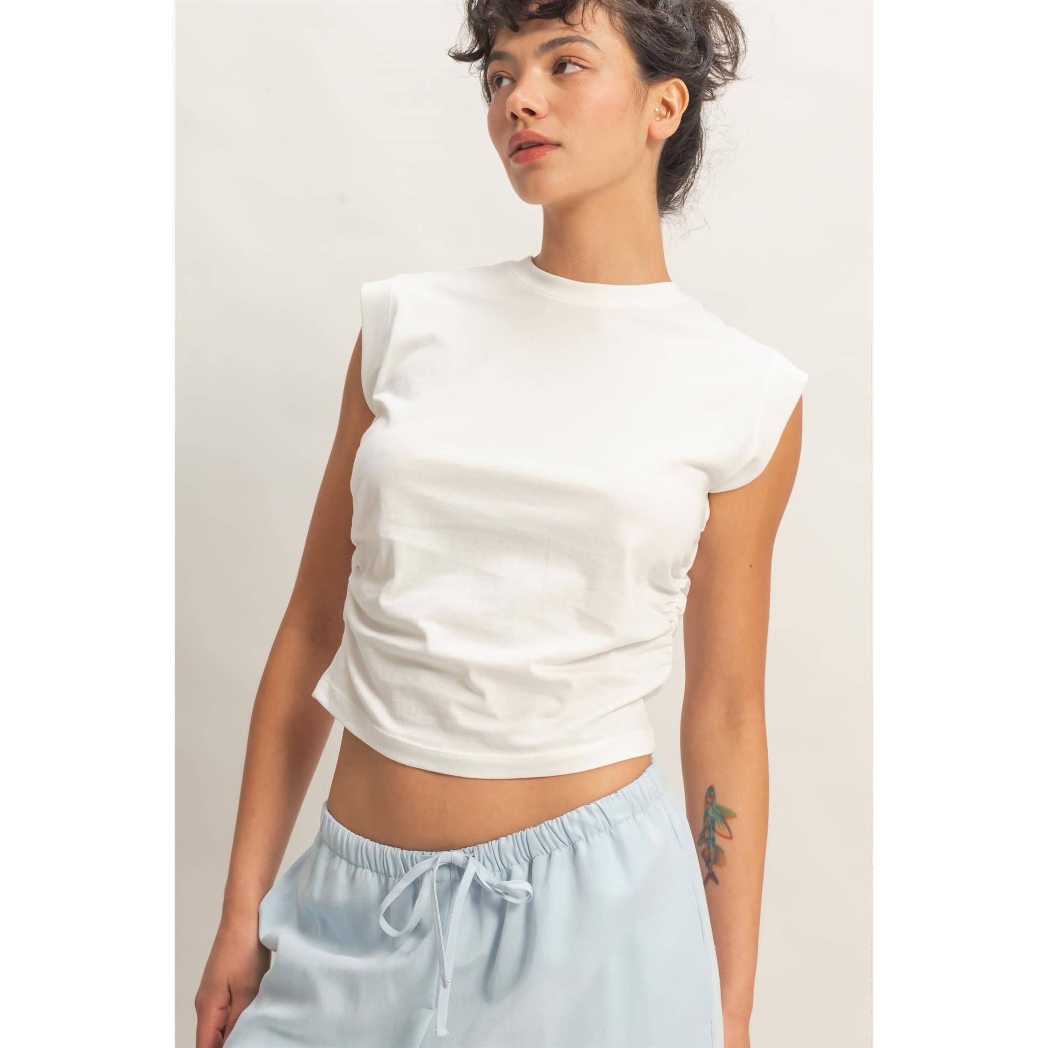 Ruched Waist Sleeveless Cotton Top