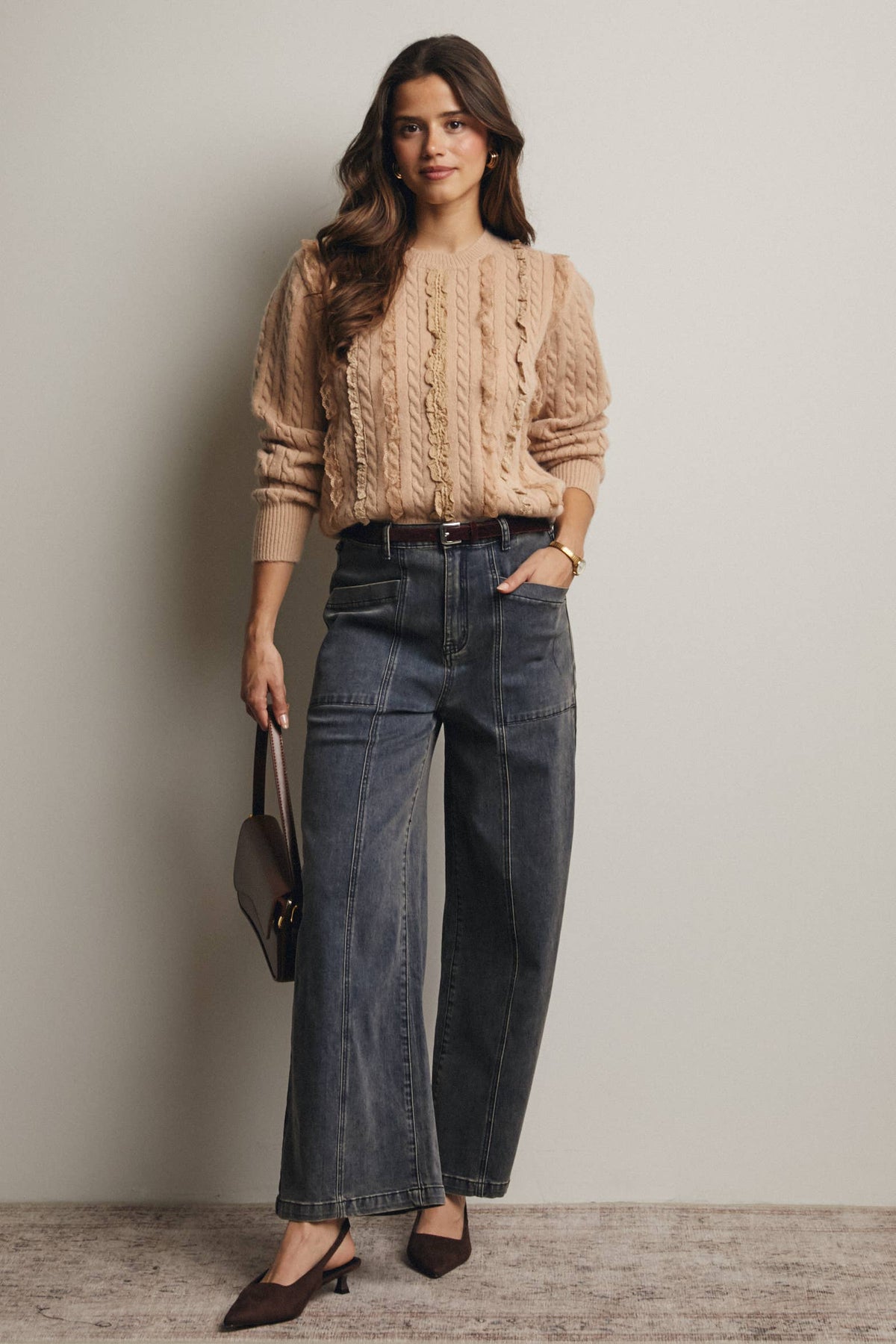 Lace Trim Cable Knit Pullover