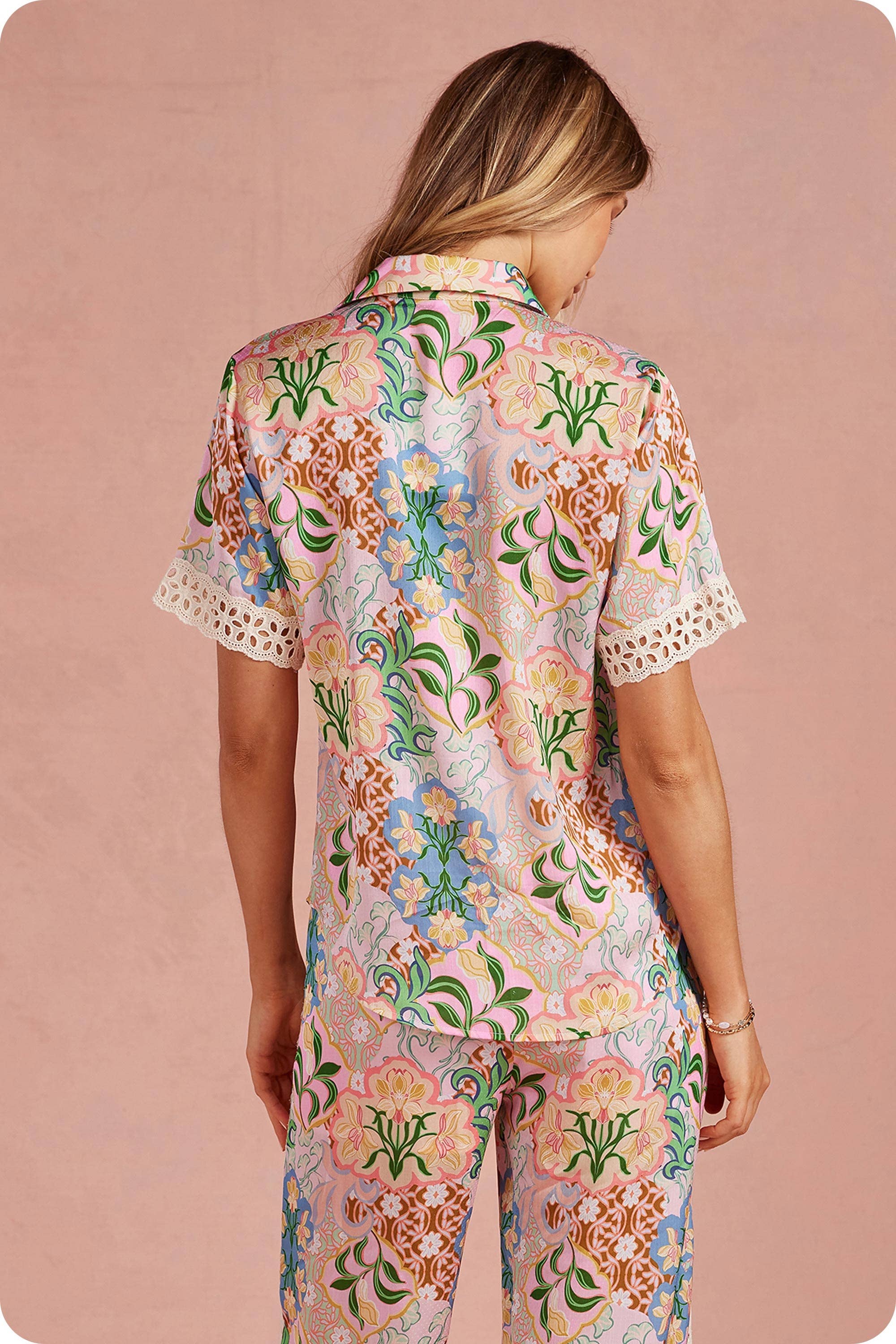 Garden Party Crochet Contrast Trim Satin Shirt