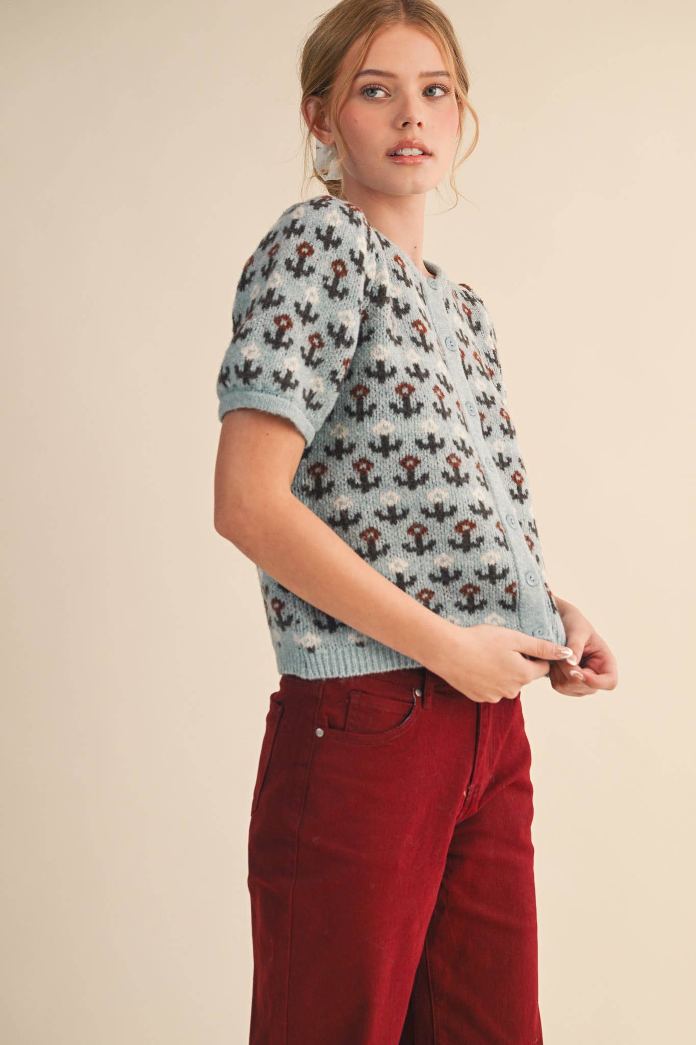 Floral Short Sleeve Sweater Cardigan