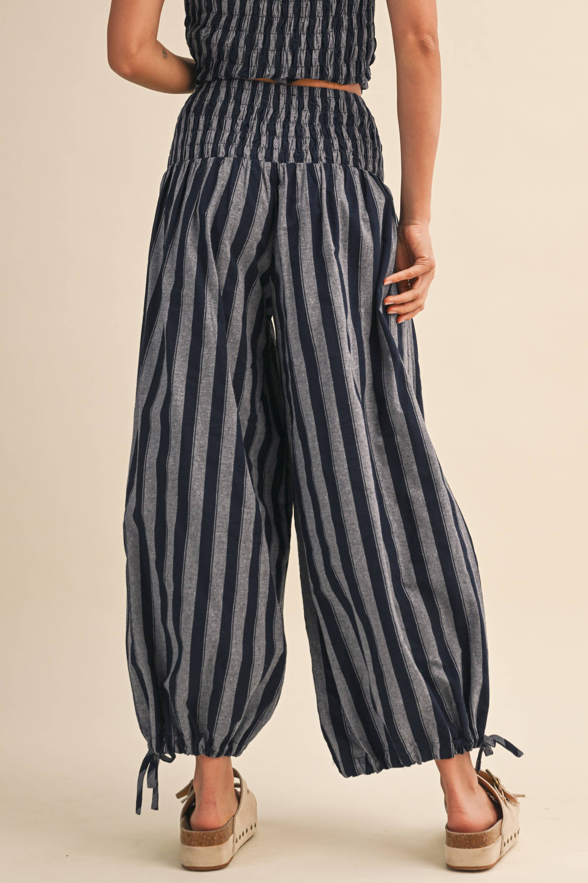 Navy Stripe Smocked Ruffle Top and Pants Set