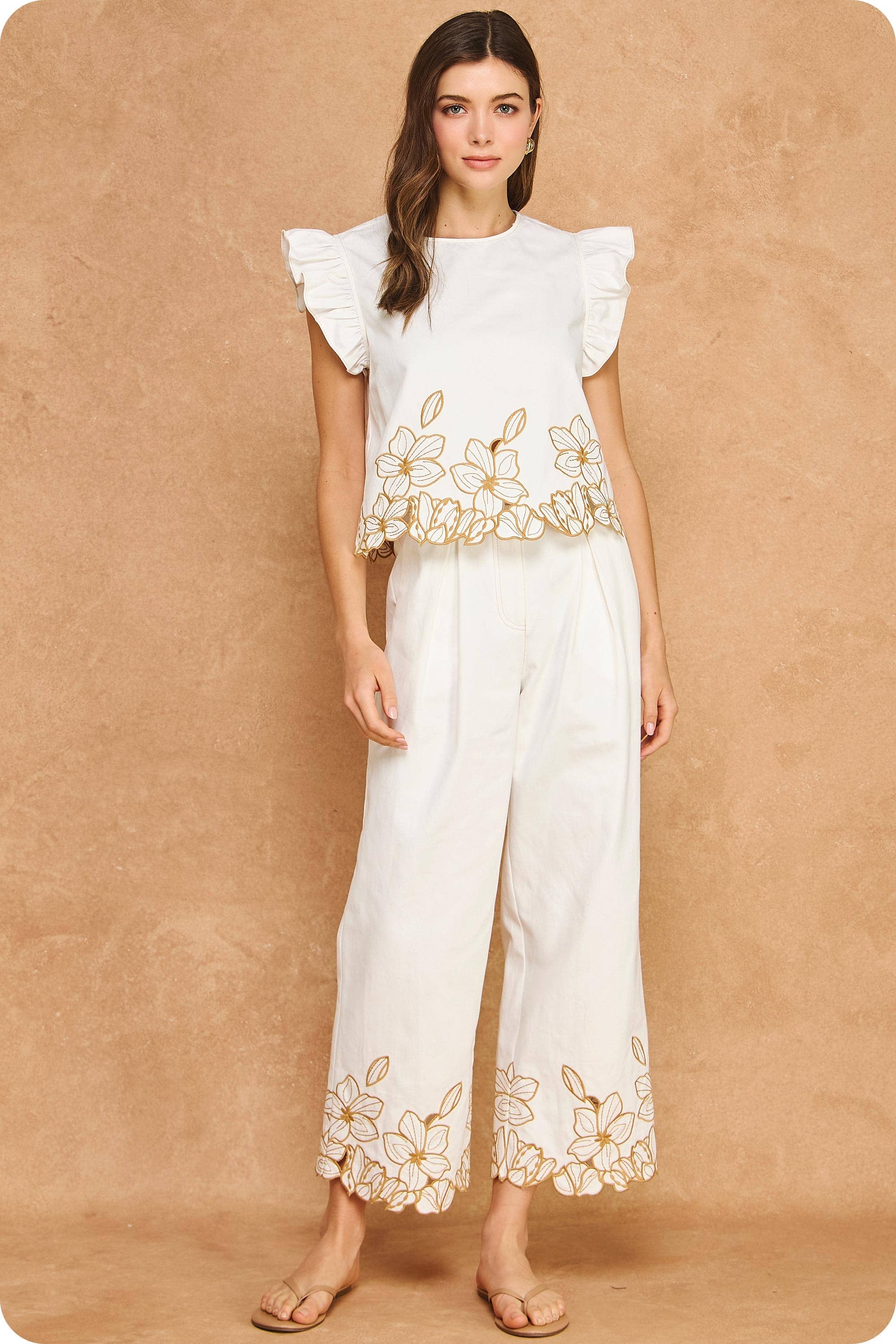 Floral Cut-Out Embroidery Twill Ruffle Top