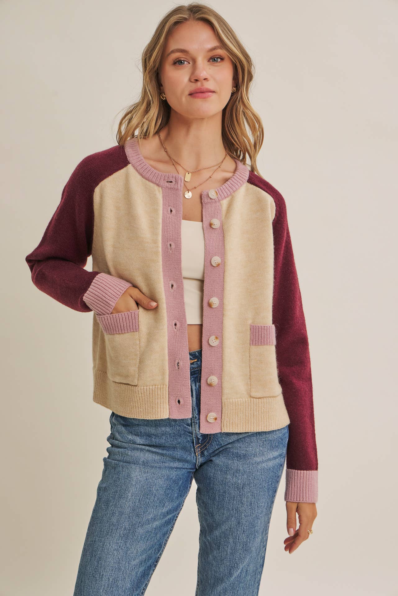 Colorblock Wool Blend Crewneck Cardigan
