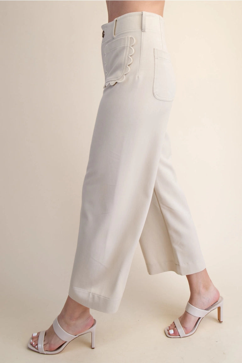 Colette Wide-Leg Scallop Pocket Pants - Cream