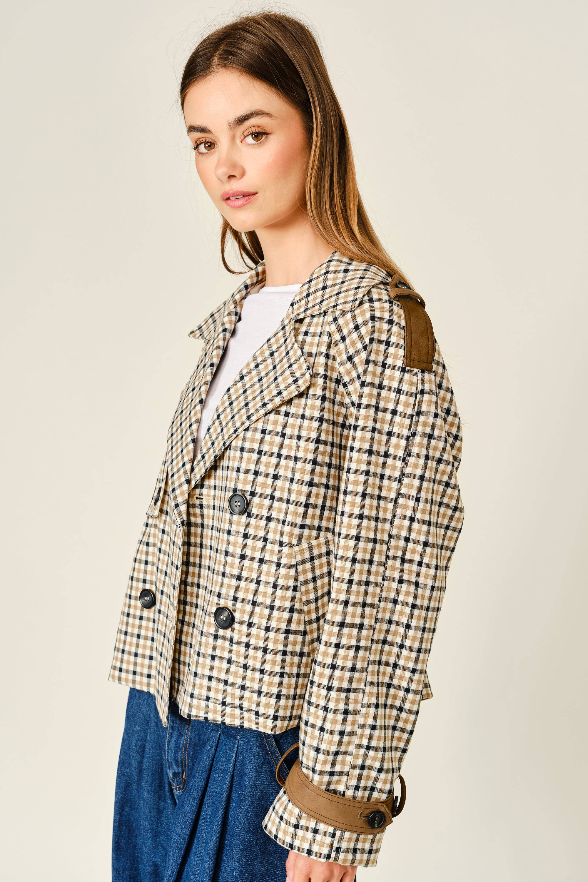 Oxford Plaid Short Trench Jacket