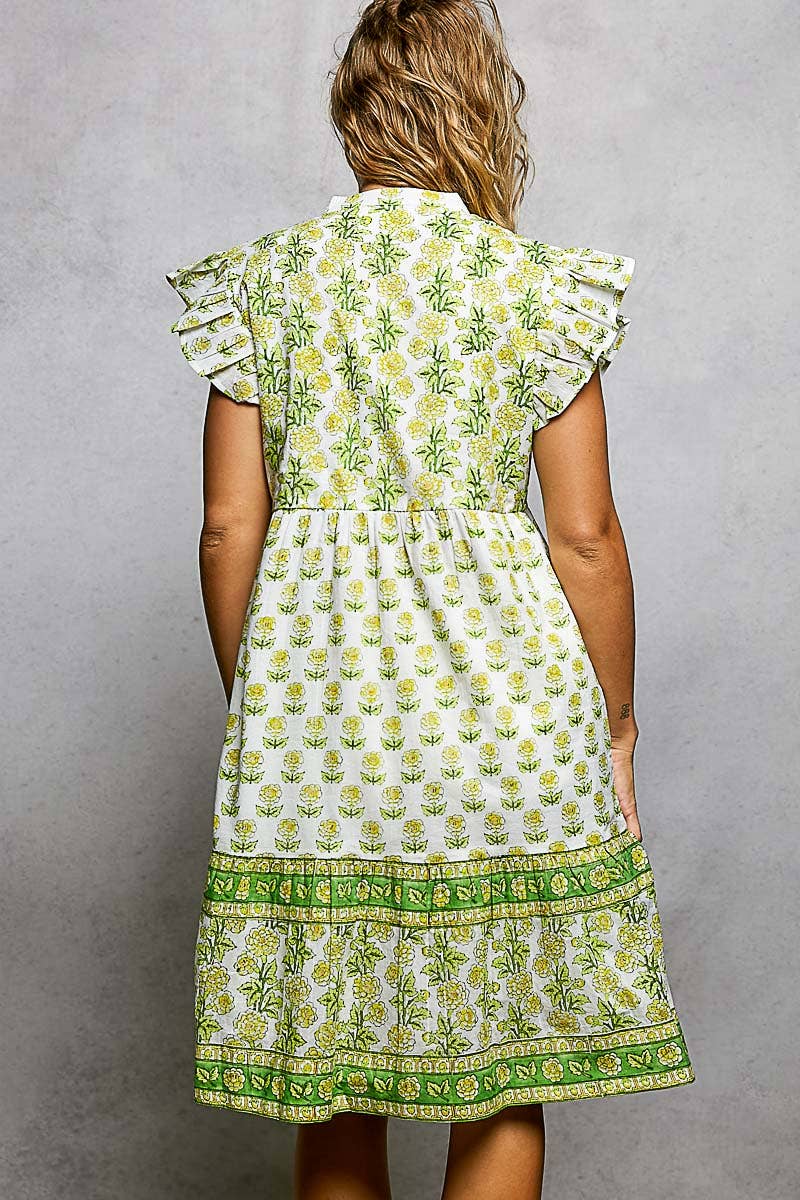 Block Print Print Ruffle Sleeve Midi Dress