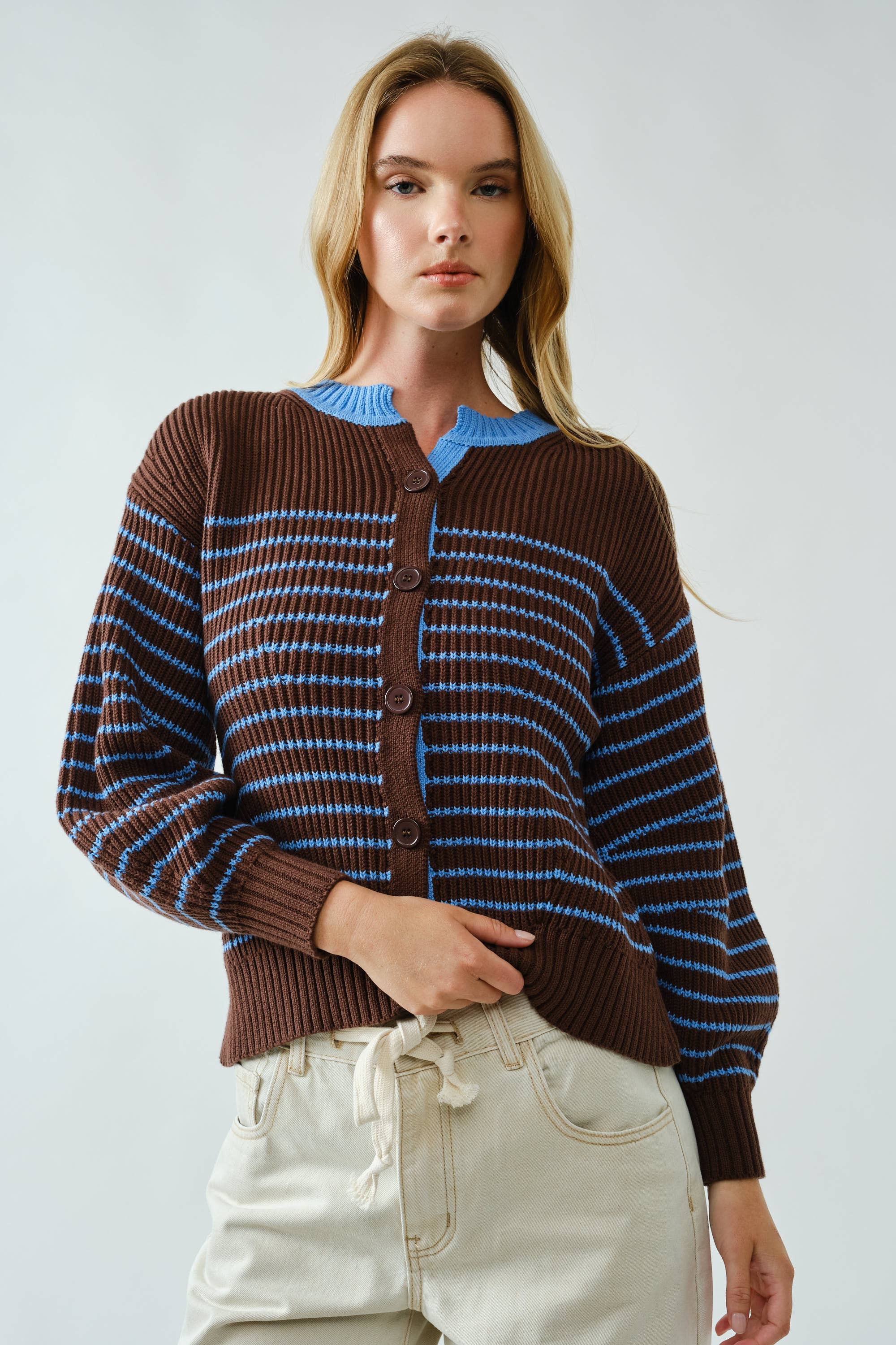Voluminous Sleeve Stripe Cardigan