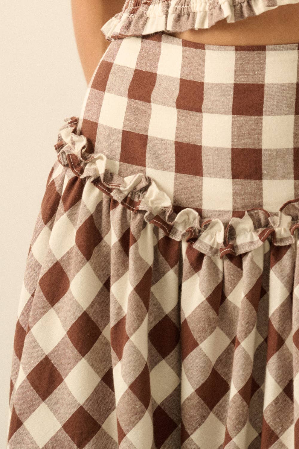 Gingham Plaid Drop-Waist Ruffle-Tim Circle Midi Skirt