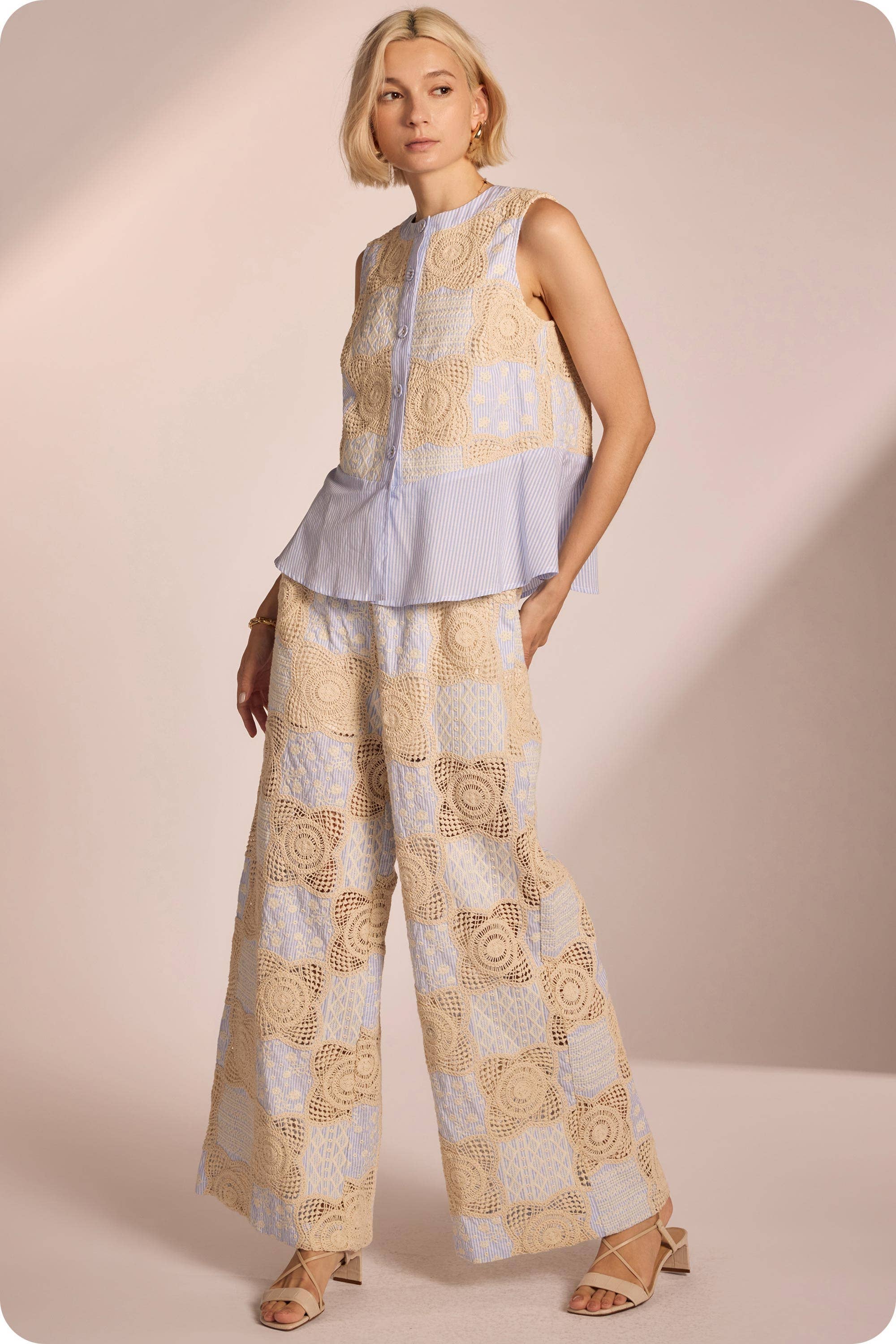 Crochet Striped Pleated Detail Wide-Leg Pants