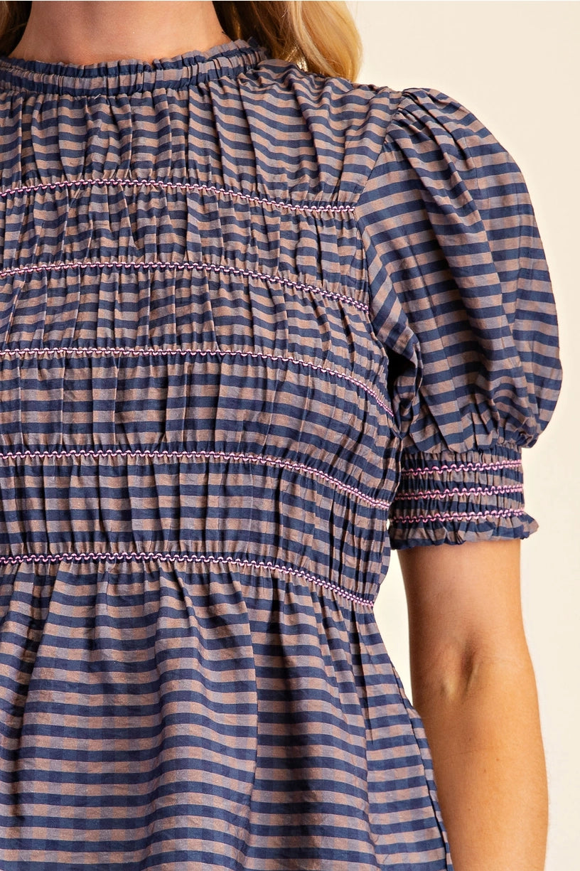 Plaid Smocked Short Sleeve Shirt