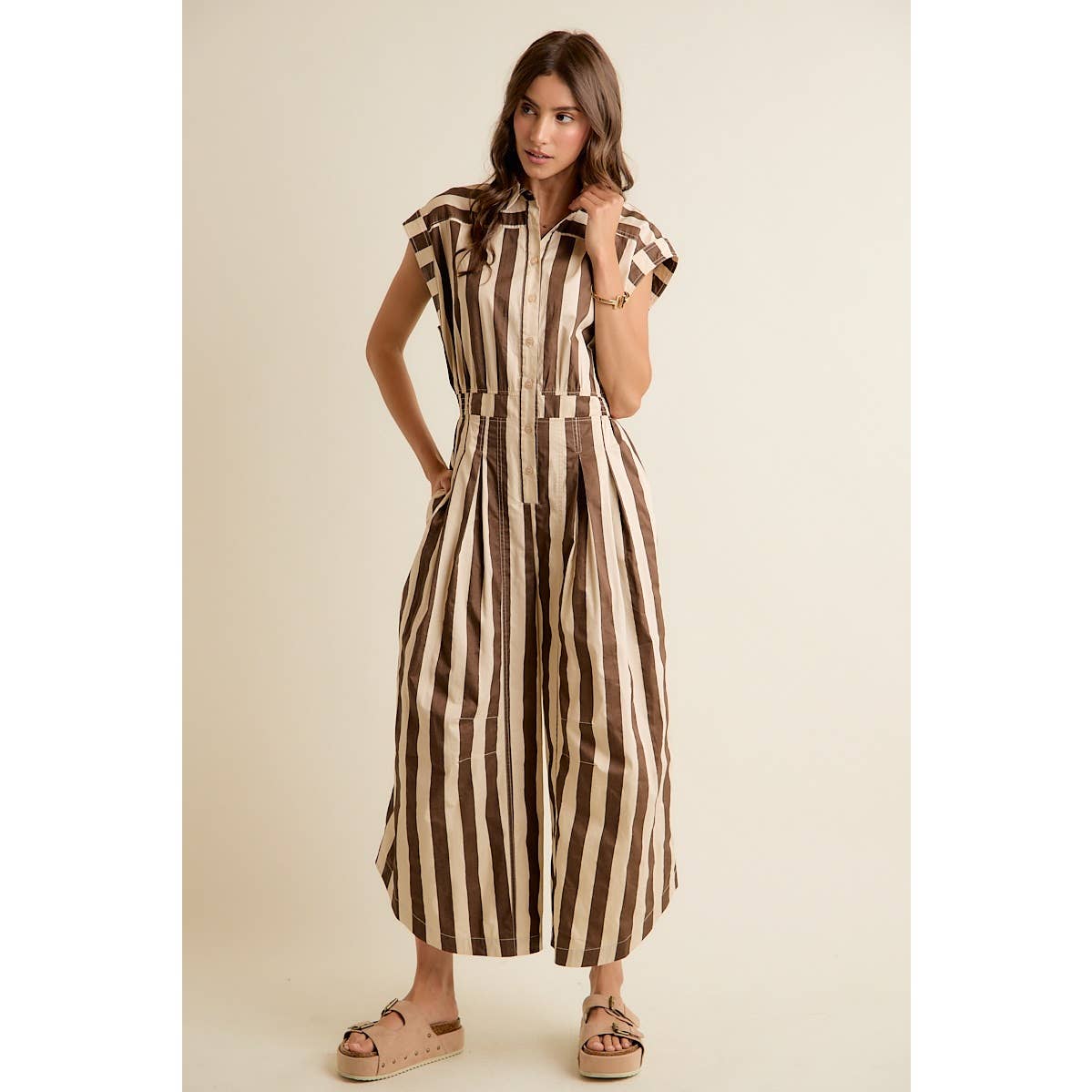 Sleeveless Brown Stripe Jumpsuit