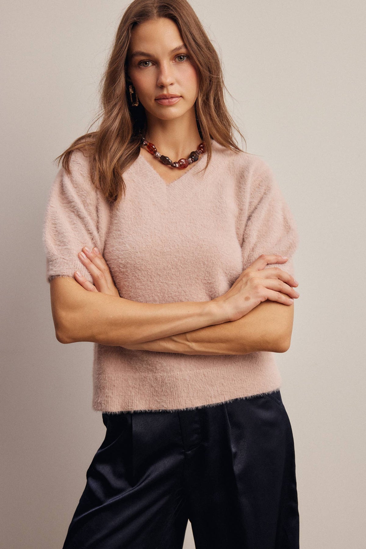 Fuzzy V-Neck Knit Top