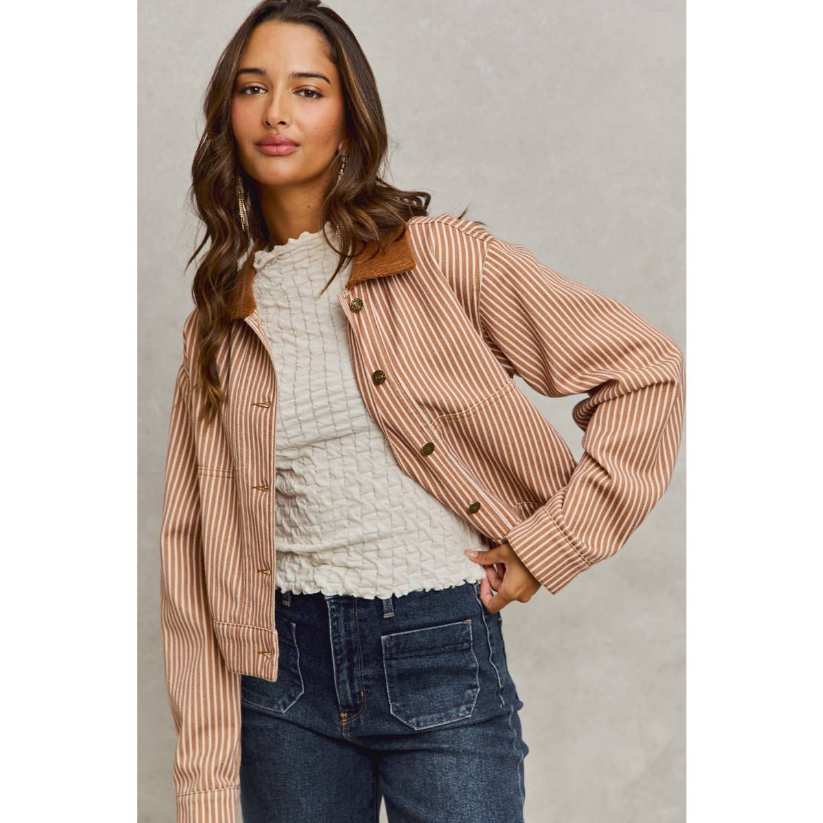 Stripe Twill Button Down Corduroy Collar Jacket