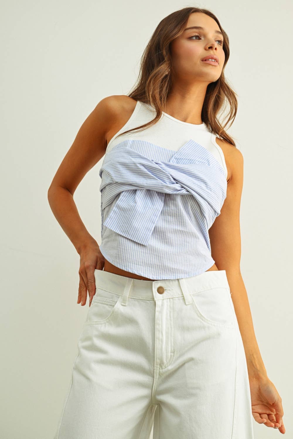 Stripe Fabric Combo Sleeveless Ribbed Top