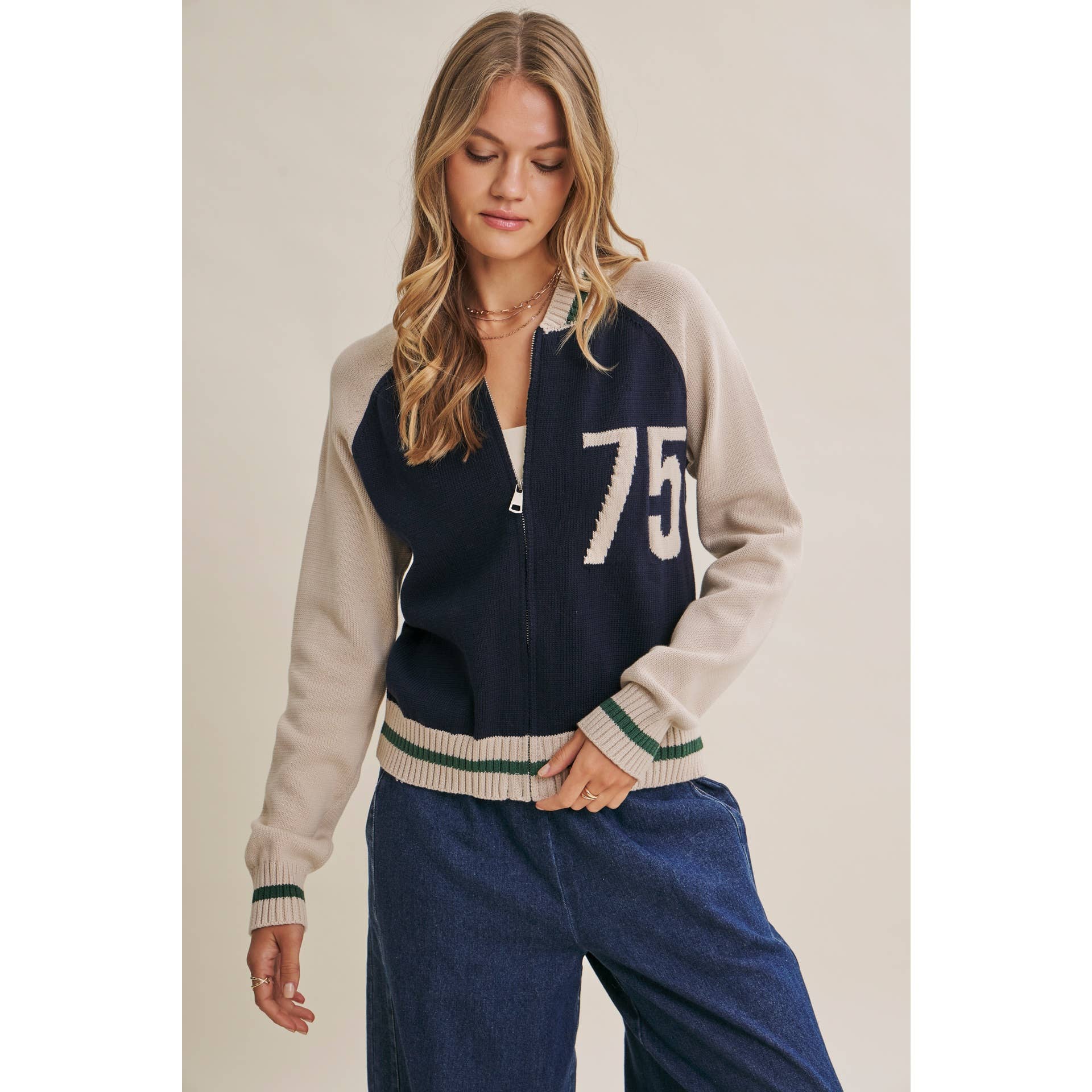 Varsity Collegiate Zip Front Cotton Sweater Bomber Jacket