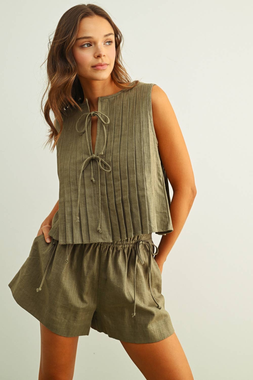 Pleated with Ties Olive Linen Top