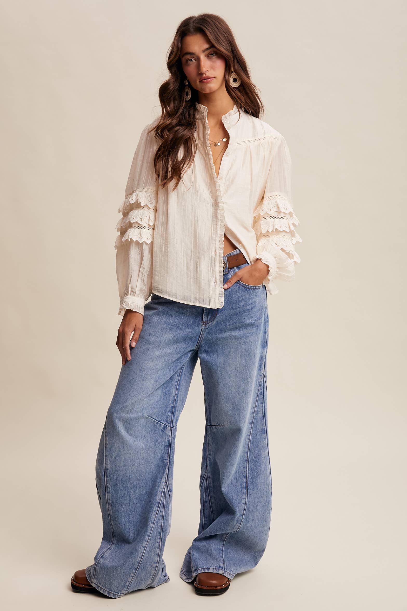 Lace Ruffle Sleeve Pintuck Blouse