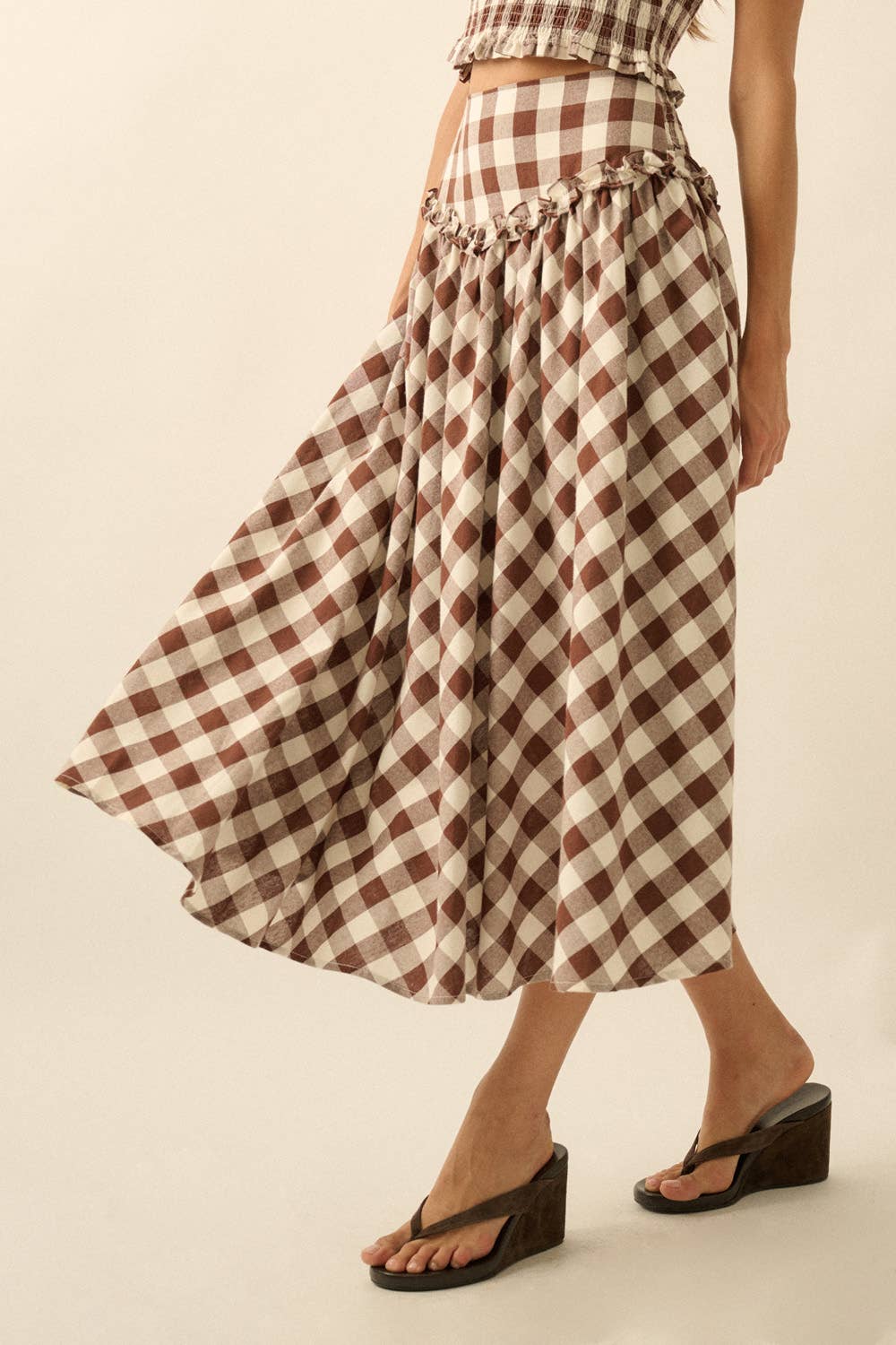 Gingham Plaid Drop-Waist Ruffle-Tim Circle Midi Skirt