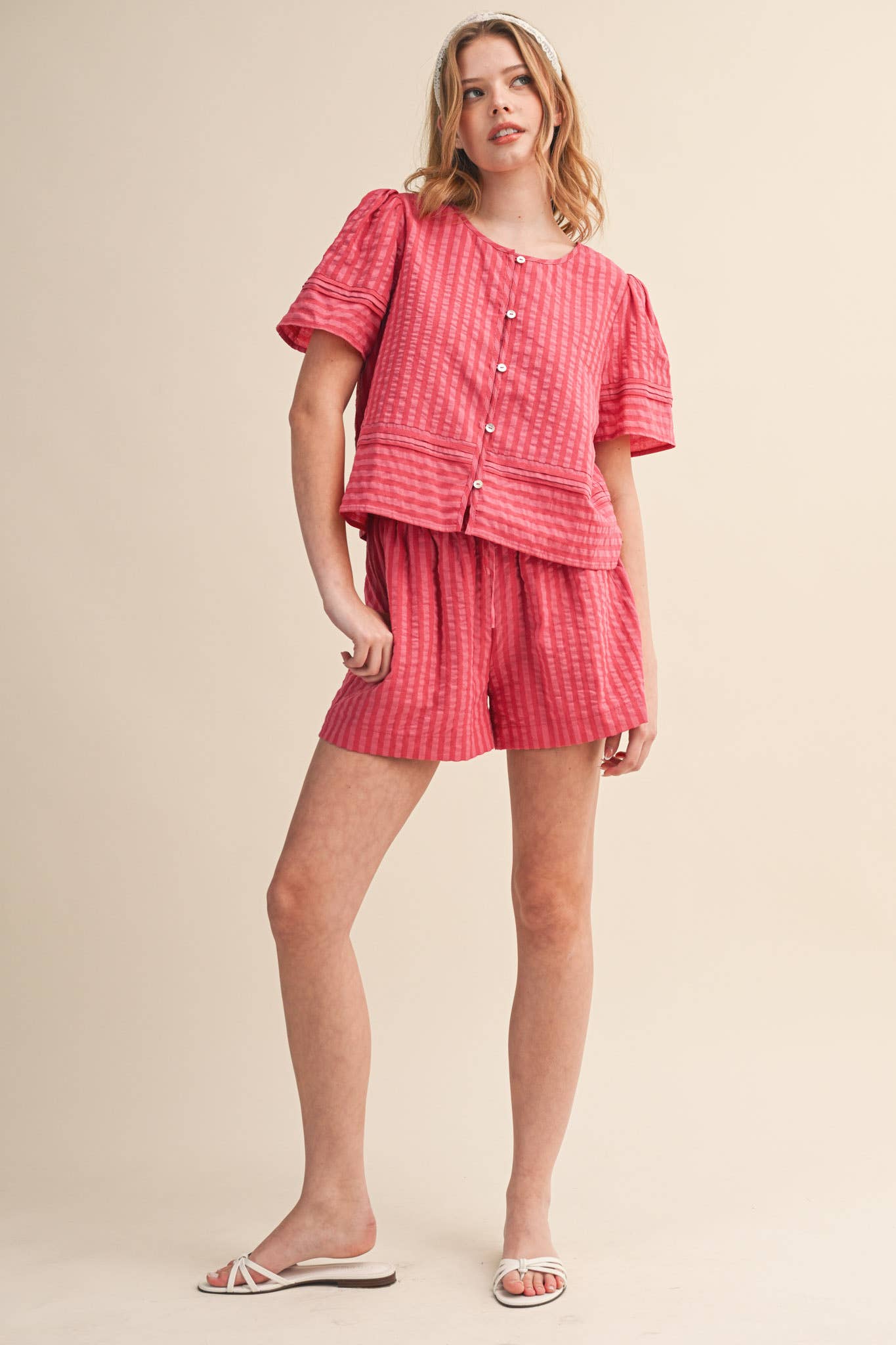 Striped Button Up Top and Shorts Set