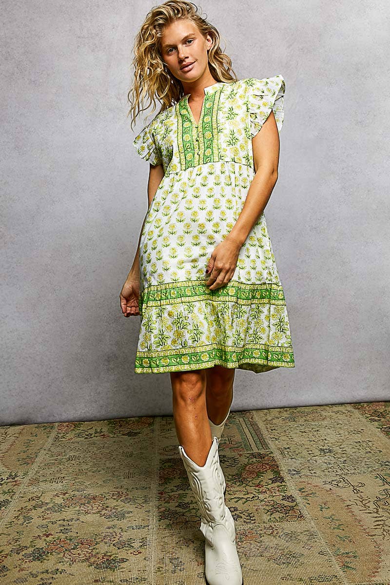 Block Print Print Ruffle Sleeve Midi Dress
