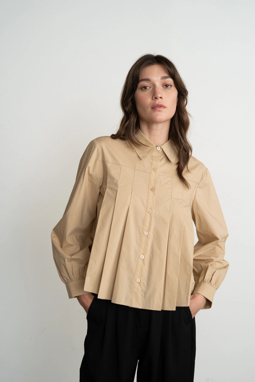 Pleated Poplin Button Down Shirt