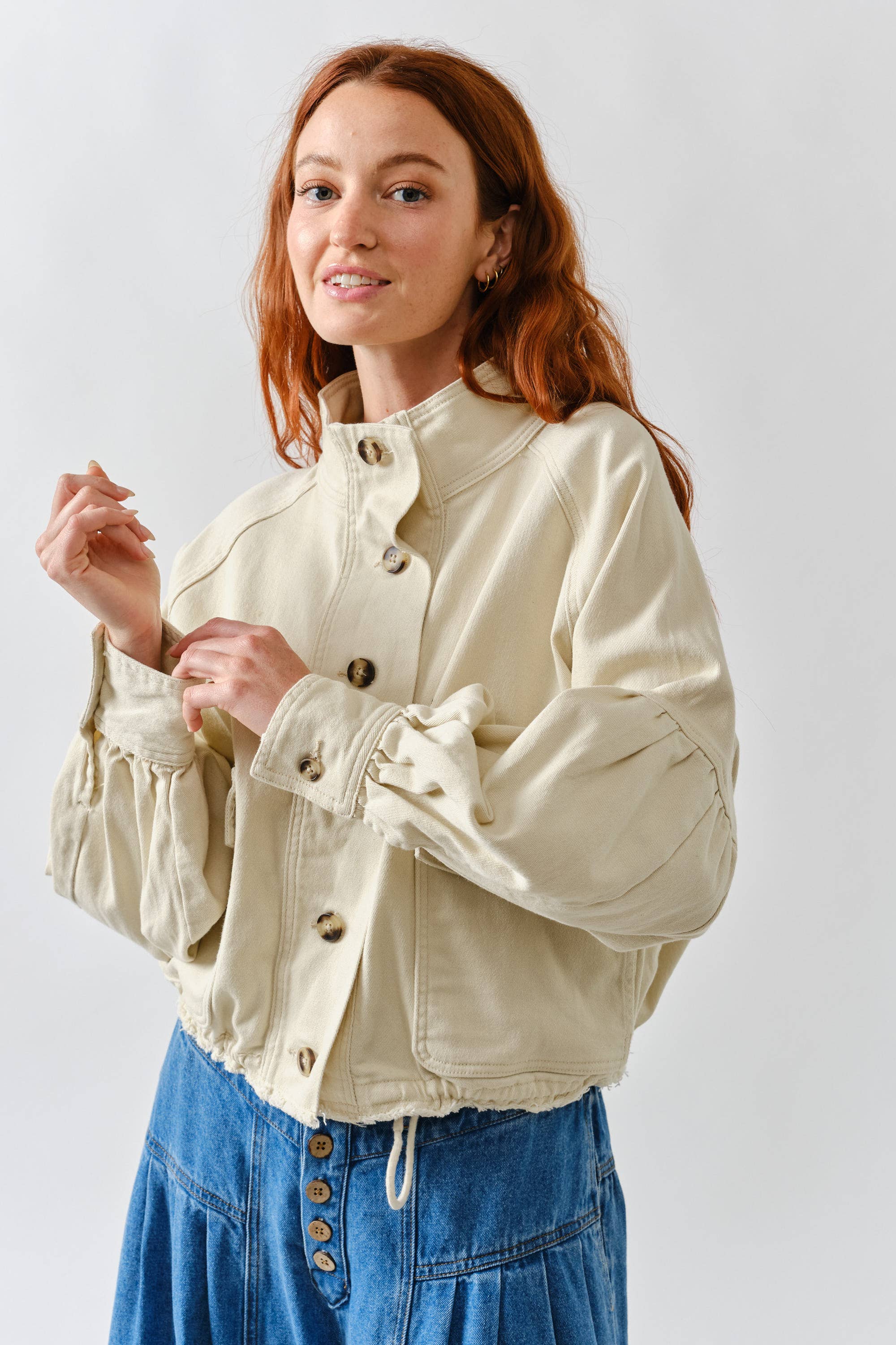 Ballon Sleeve Twill Jacket Drawstring Waist