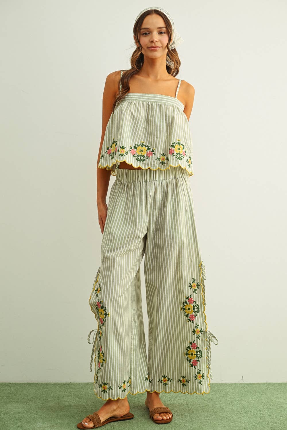 Green Stripe and Floral Embroidery Pants with Tie