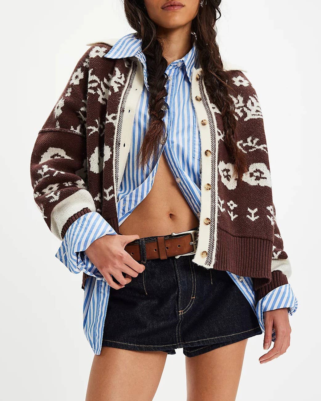 Floral Jacquard Contrast Trim Cardigan