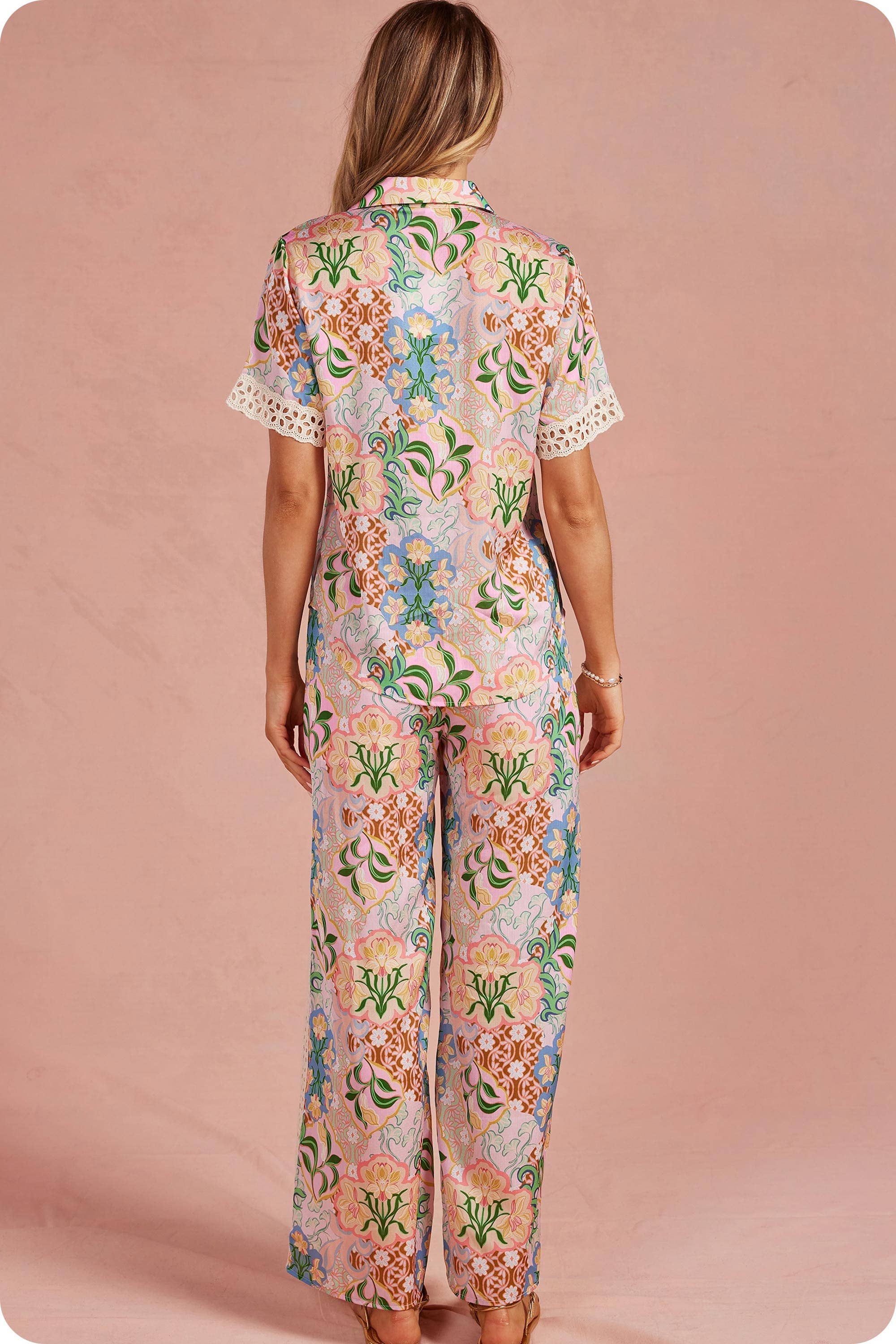 Garden Party Crochet Contrast Trim Satin Shirt