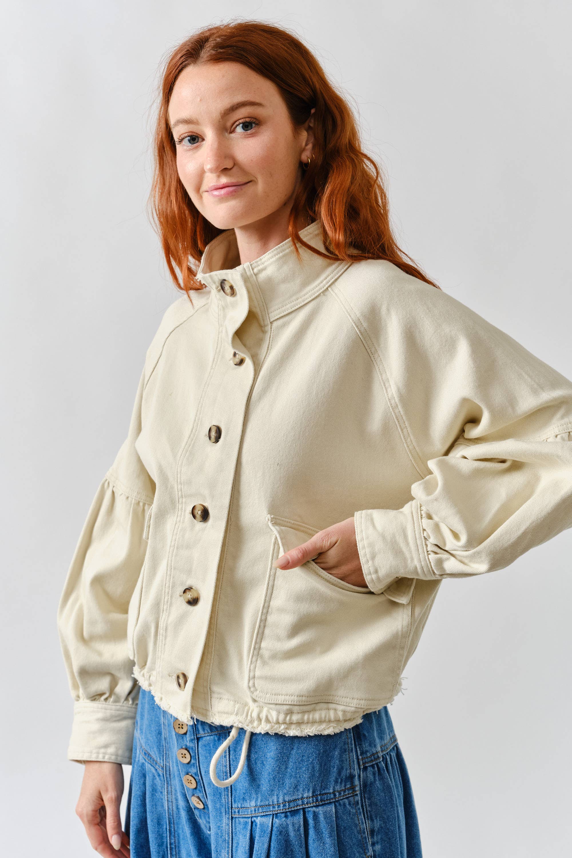Ballon Sleeve Twill Jacket Drawstring Waist