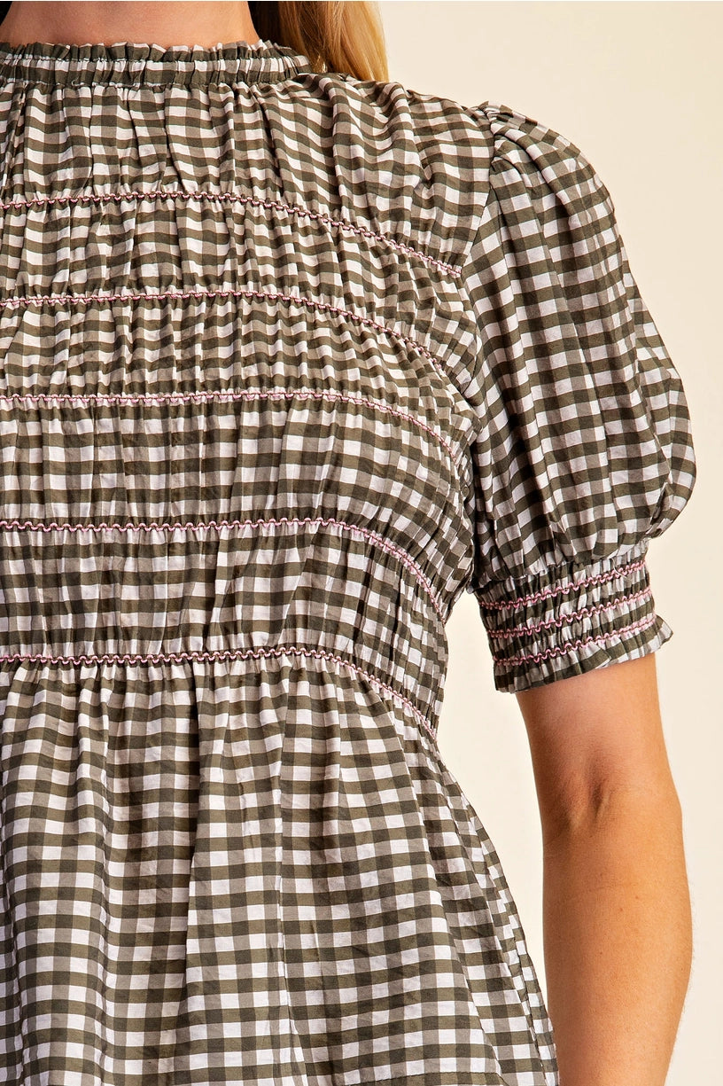 Plaid Smocked Short Sleeve Shirt