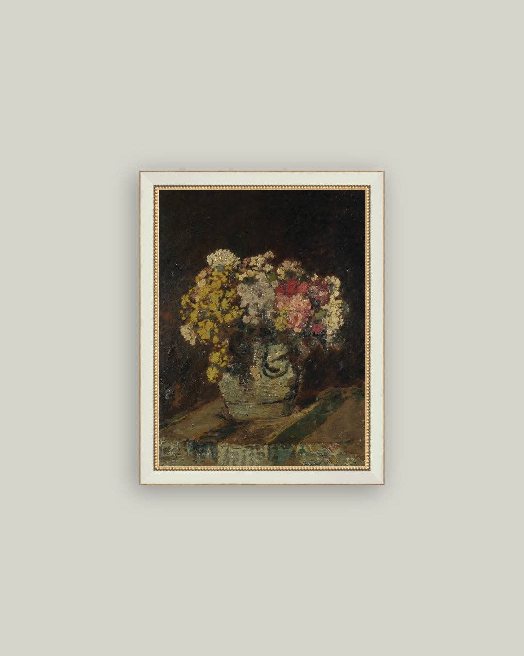 Vase of Pink & Yellow Flowers Framed Antique Art
