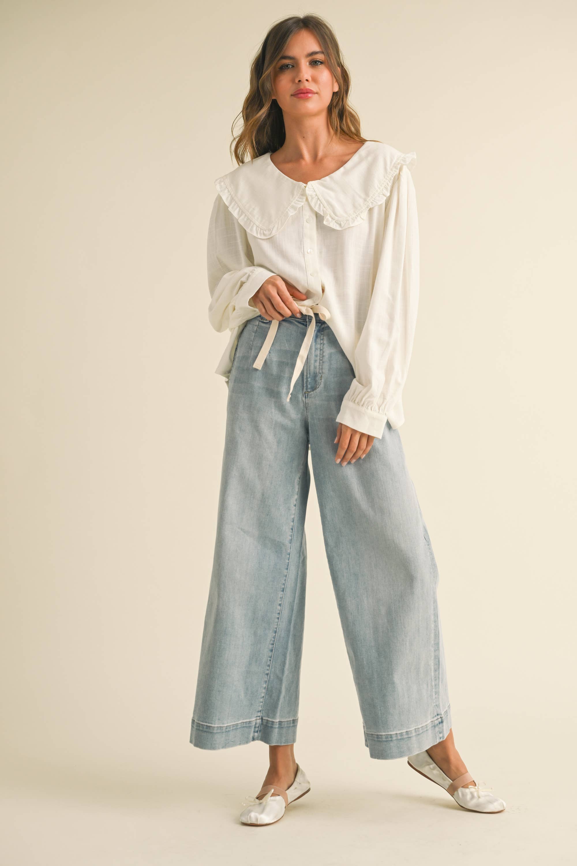 Washed Wide Leg Denim with Tie Front