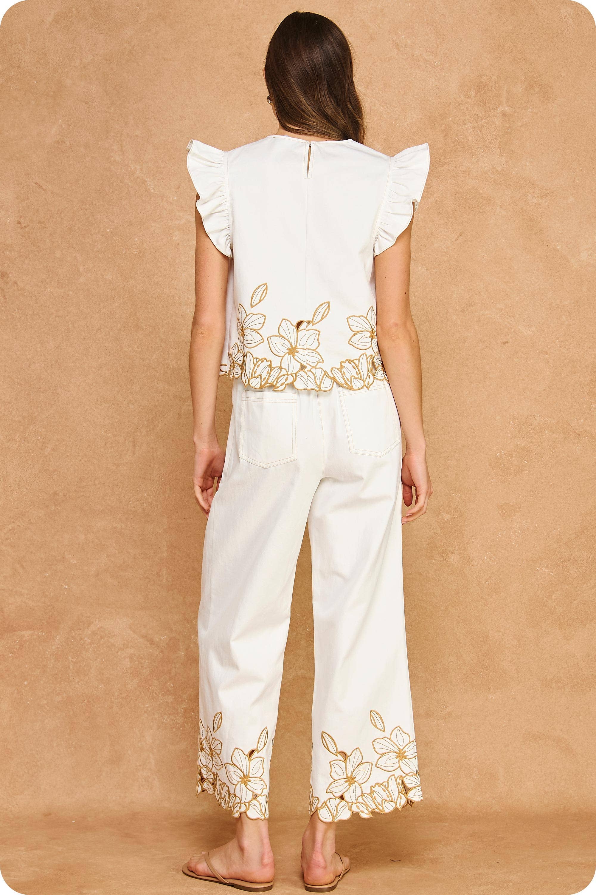 Floral Cut-Out Embroidery Twill Ruffle Top
