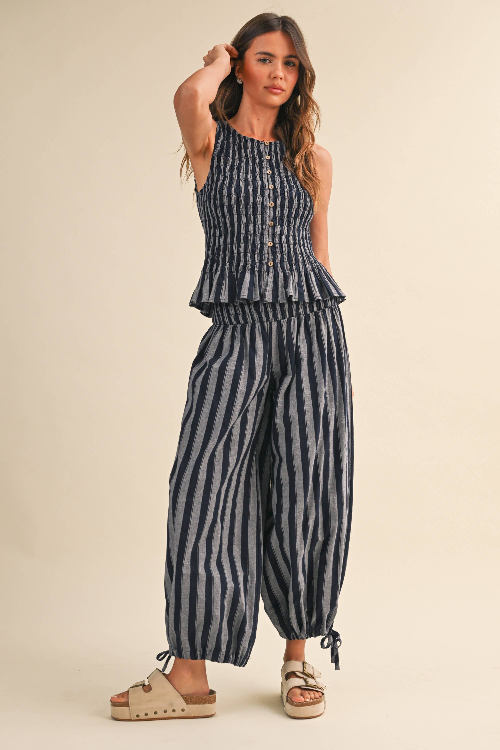 Navy Stripe Smocked Ruffle Top and Pants Set