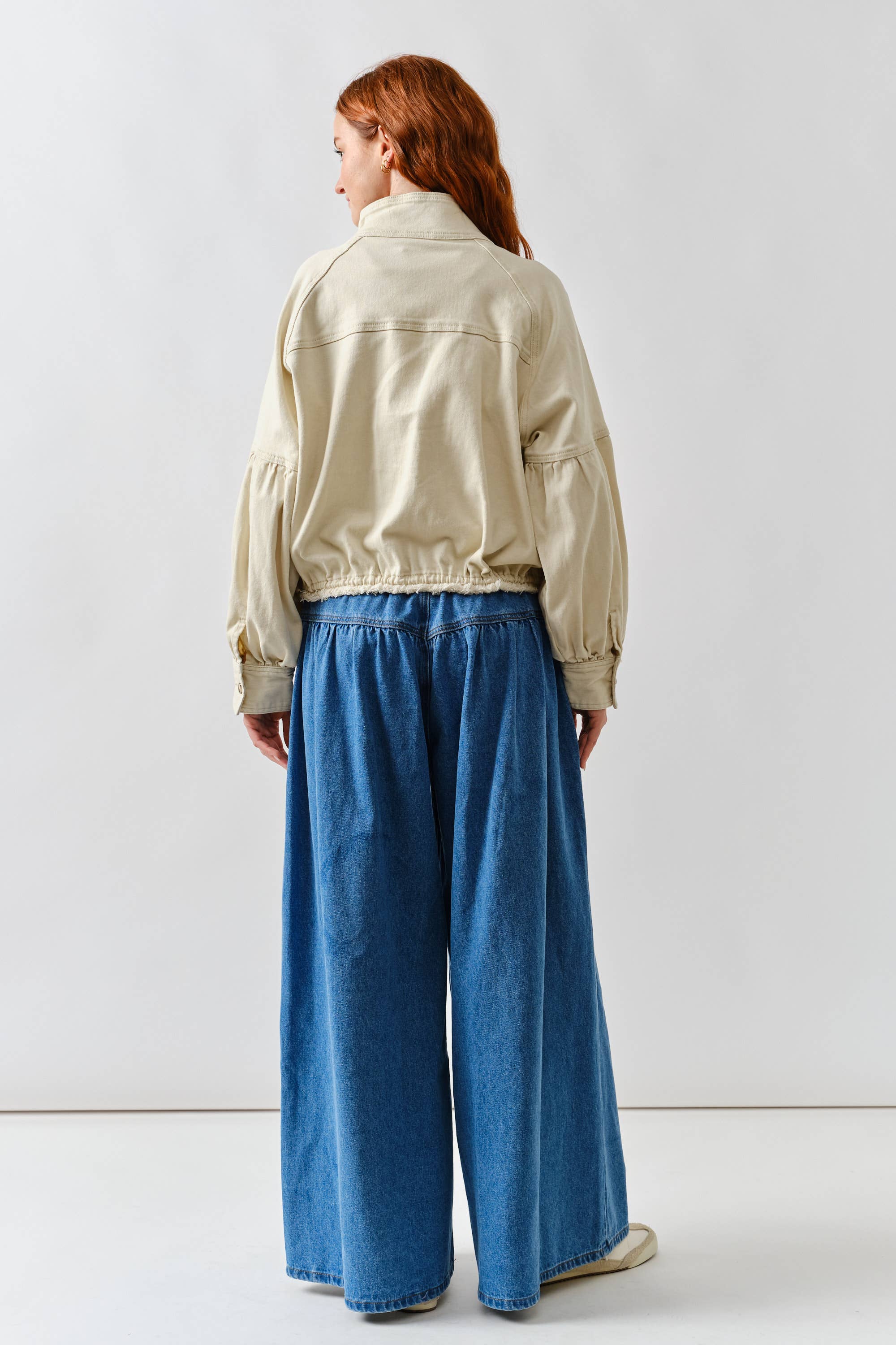 Ballon Sleeve Twill Jacket Drawstring Waist