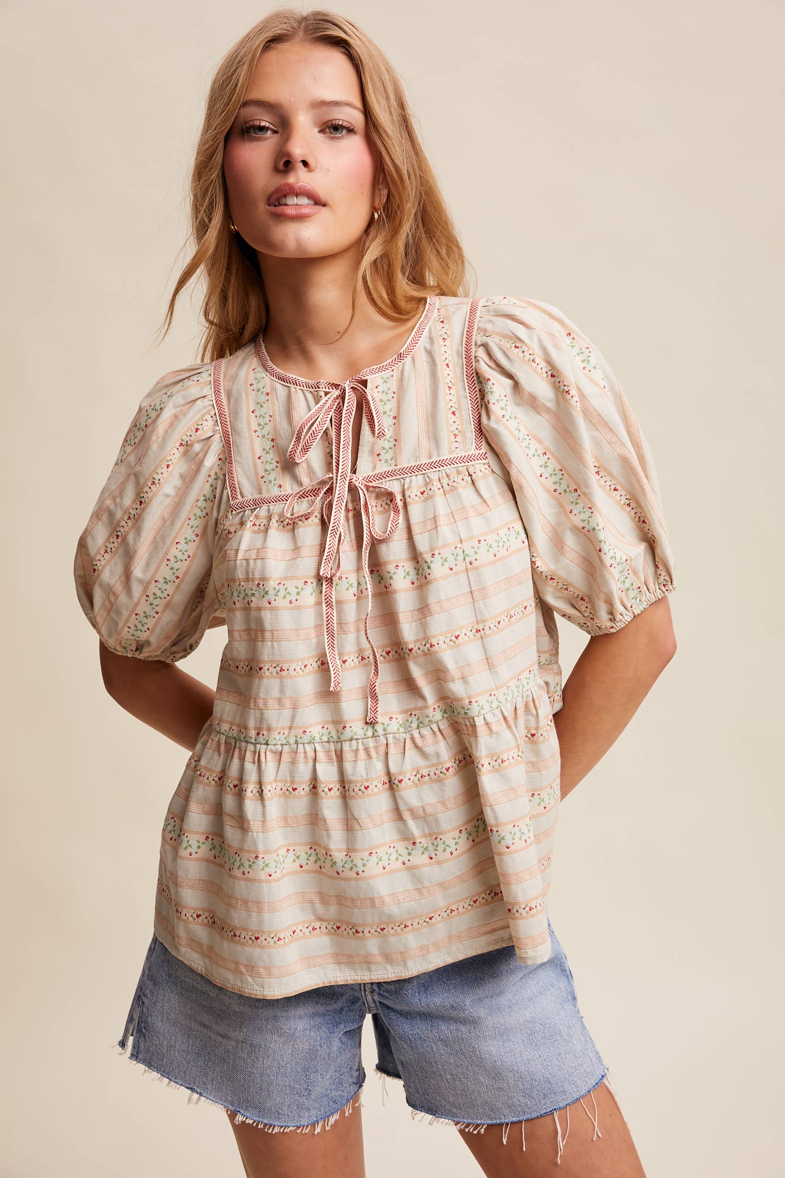 Floral Lace Trim Peasant Blouse