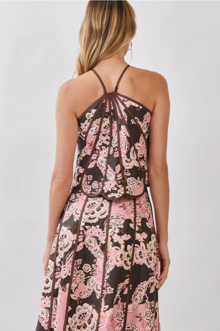 Floral Print Scalloped Hem Midi Skirt & Halter Top