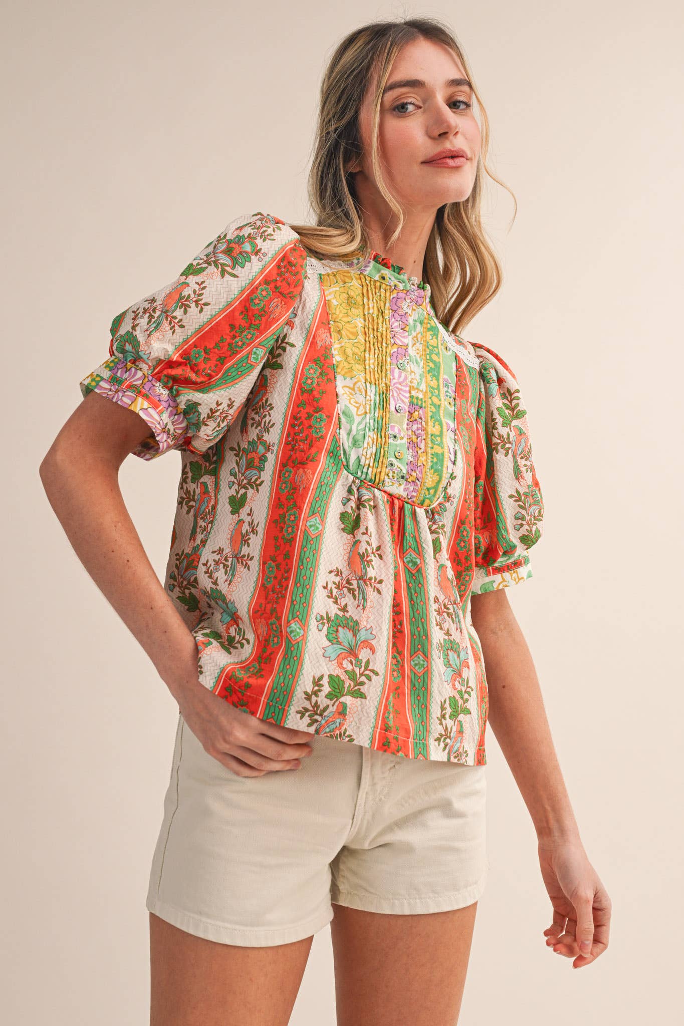 Border Print Pin Tuck Top