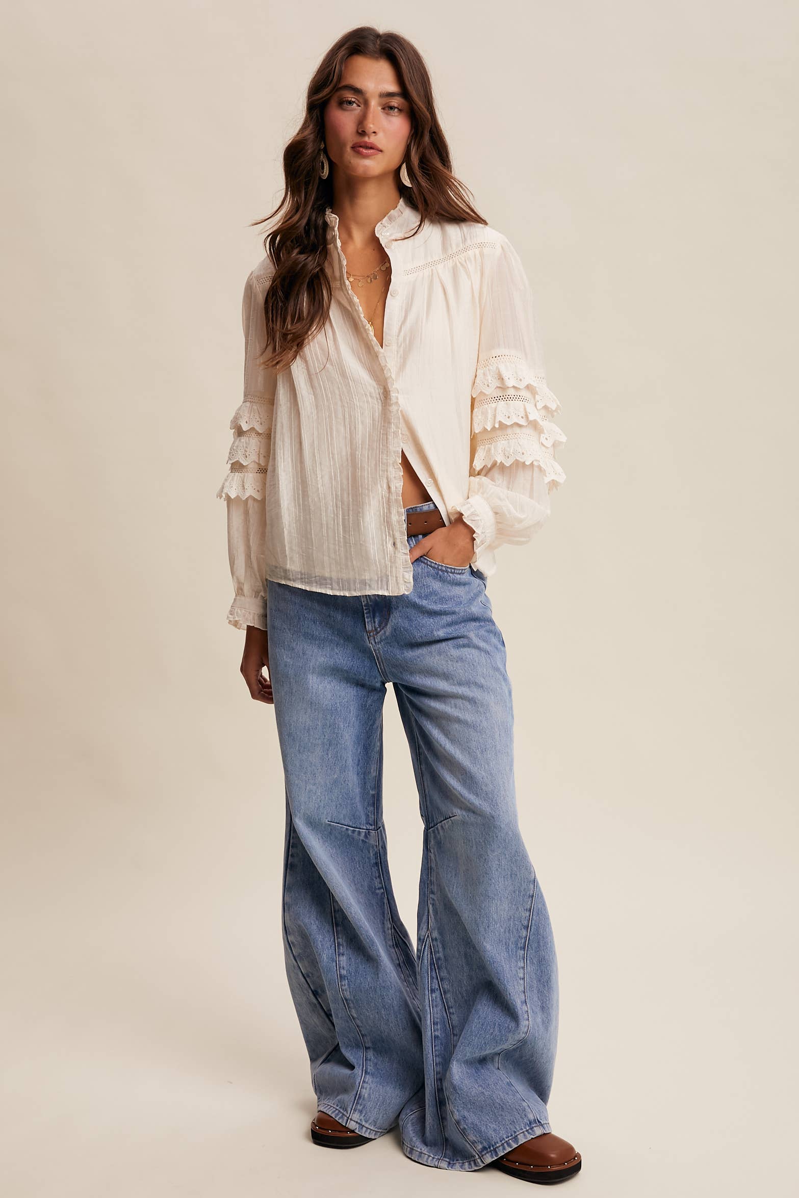 Lace Ruffle Sleeve Pintuck Blouse