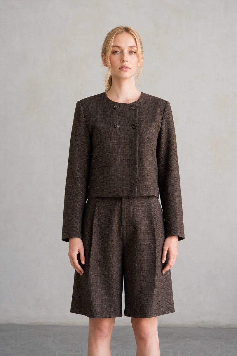 Brown Check Collarless Coat