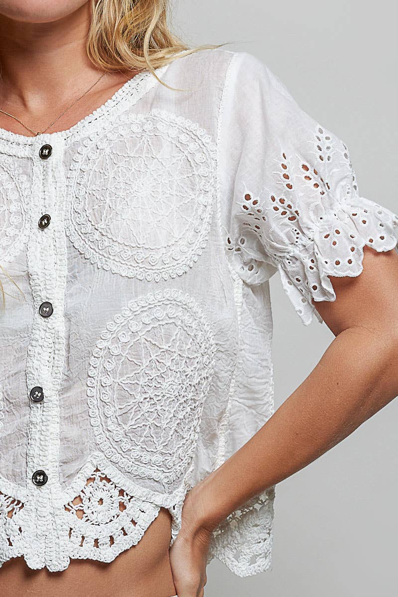Short Sleeve Button Closure Crochet Top