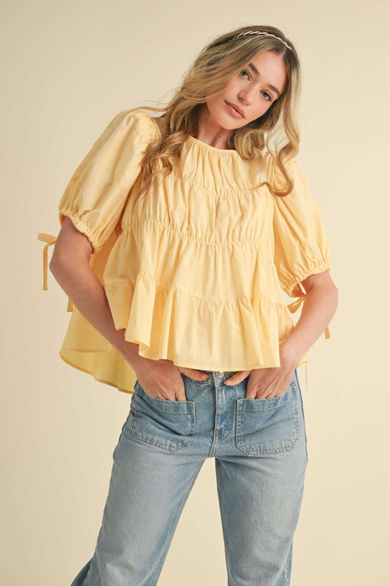 Tiered Shirring Puff Sleeve Top