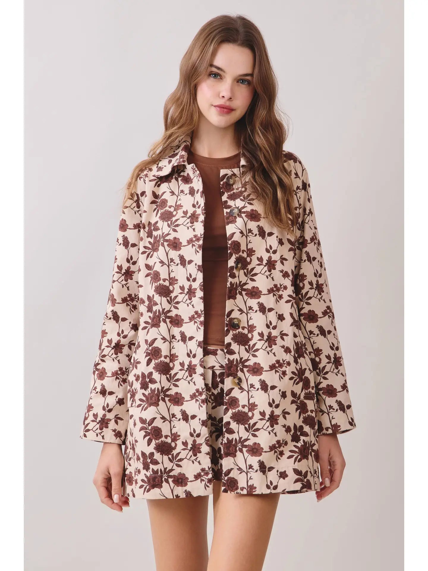 Brown Floral Print Button Down Jacket