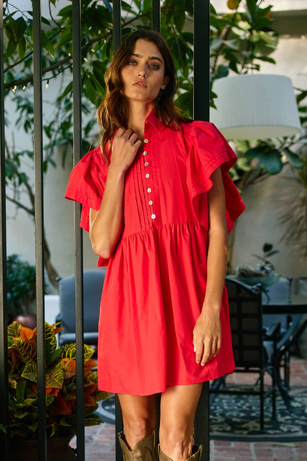 Ruffled Sleeve Pintuck Mini Dress