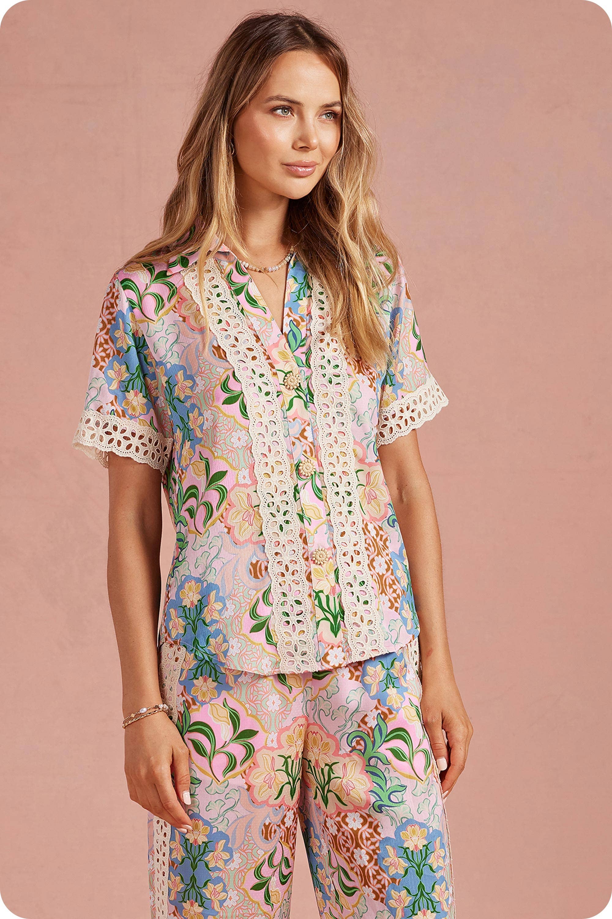 Garden Party Crochet Contrast Trim Satin Shirt