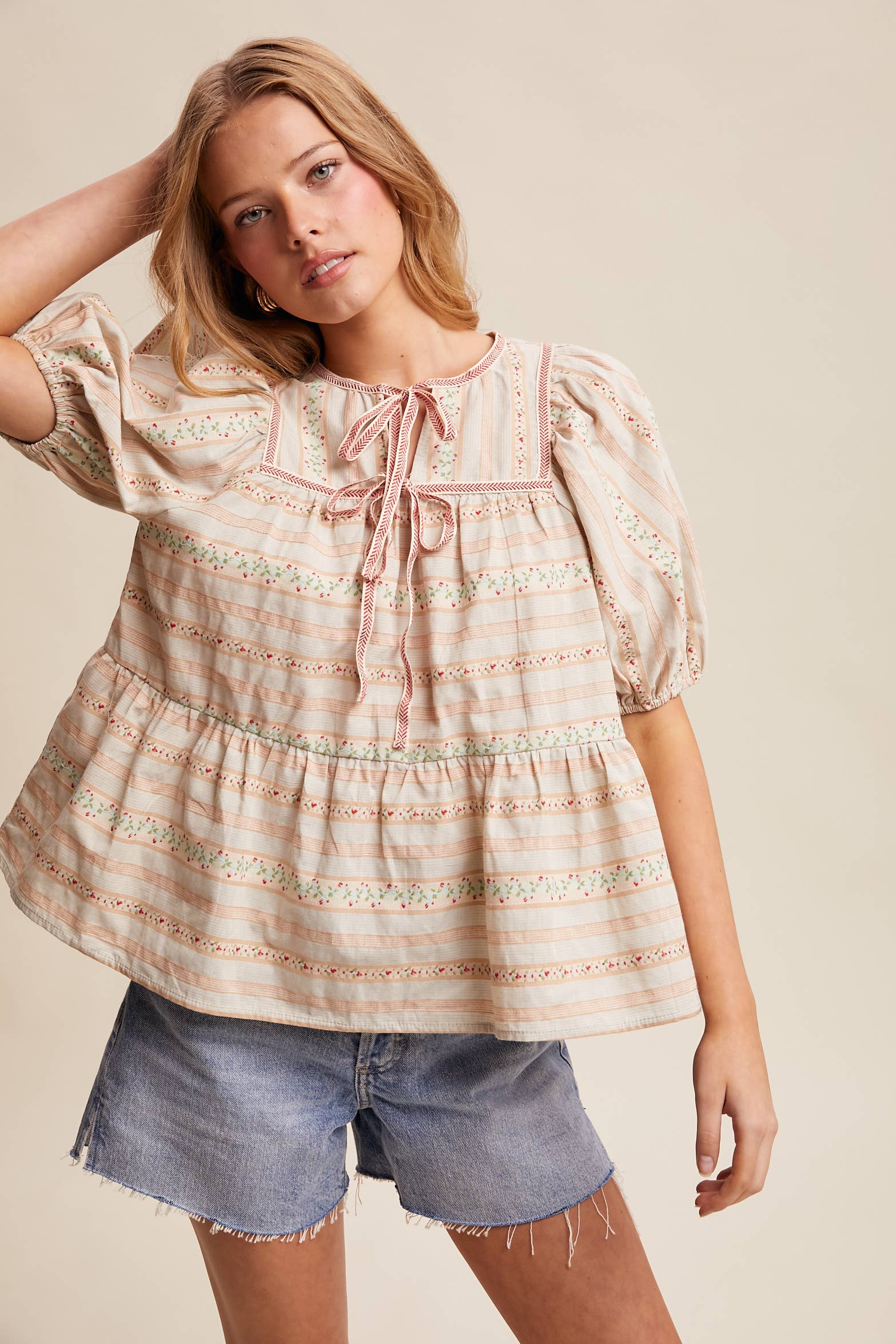 Floral Lace Trim Peasant Blouse