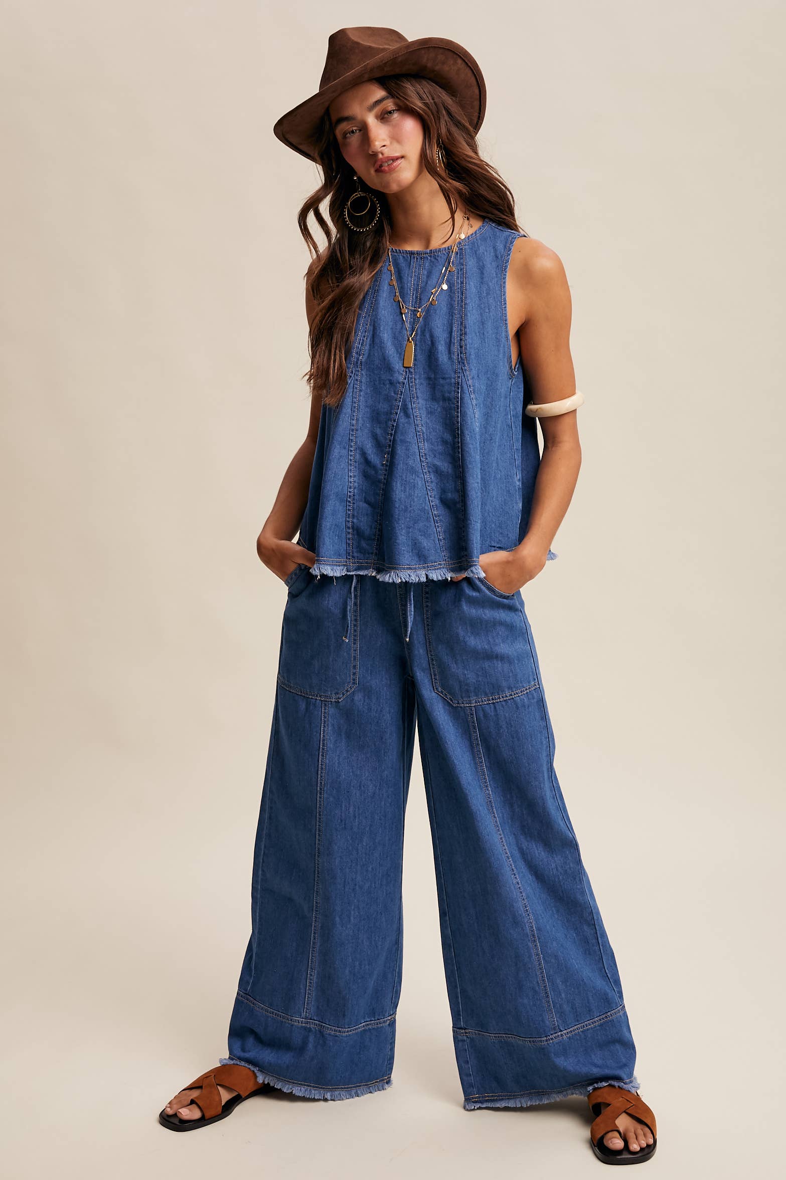 Washed Denim Wide-Leg Pants