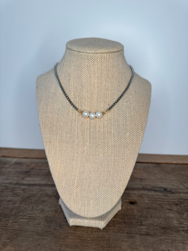 Three Pearl Gunmetal Necklace